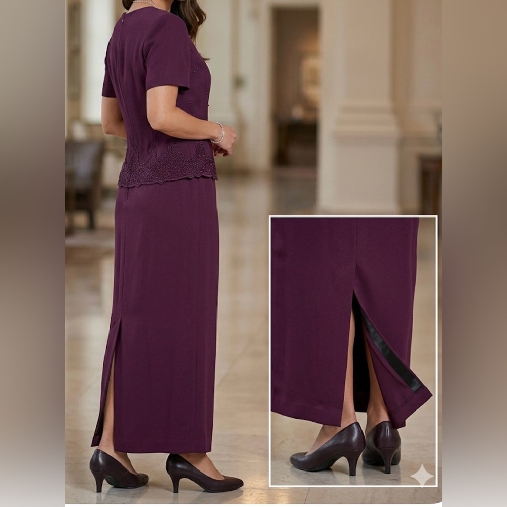 R&M Richards Karen Kwong Plum Beaded Lace Maxi Dress Petite 4P mob wife